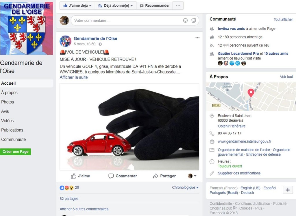 Oise capture d'écran Facebook vols de voiture gendarmerie