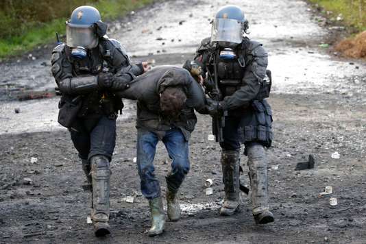 French gendarmes apprehend a protester during clashes in the zoned ZAD (Deferred Development Zone) in Notre-Dame-des-Landes