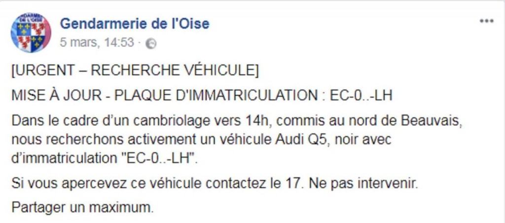 Oise capture d'écran Facebook vols de voiture gendarmerie