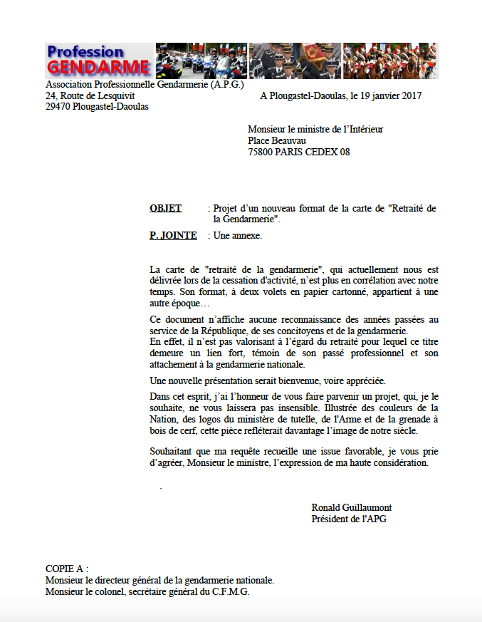 Carte De Retraite De La Gendarmerie L Association Professionnelle Gendarmerie S Adresse Aux Autorites Profession Gendarme