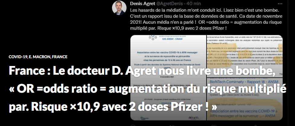 France : Le docteur D. Agret nous livre une bombe, « OR =odds ratio = augmentation du risque multiplié par. Risque ×10,9 avec 2 doses Pfizer ! »